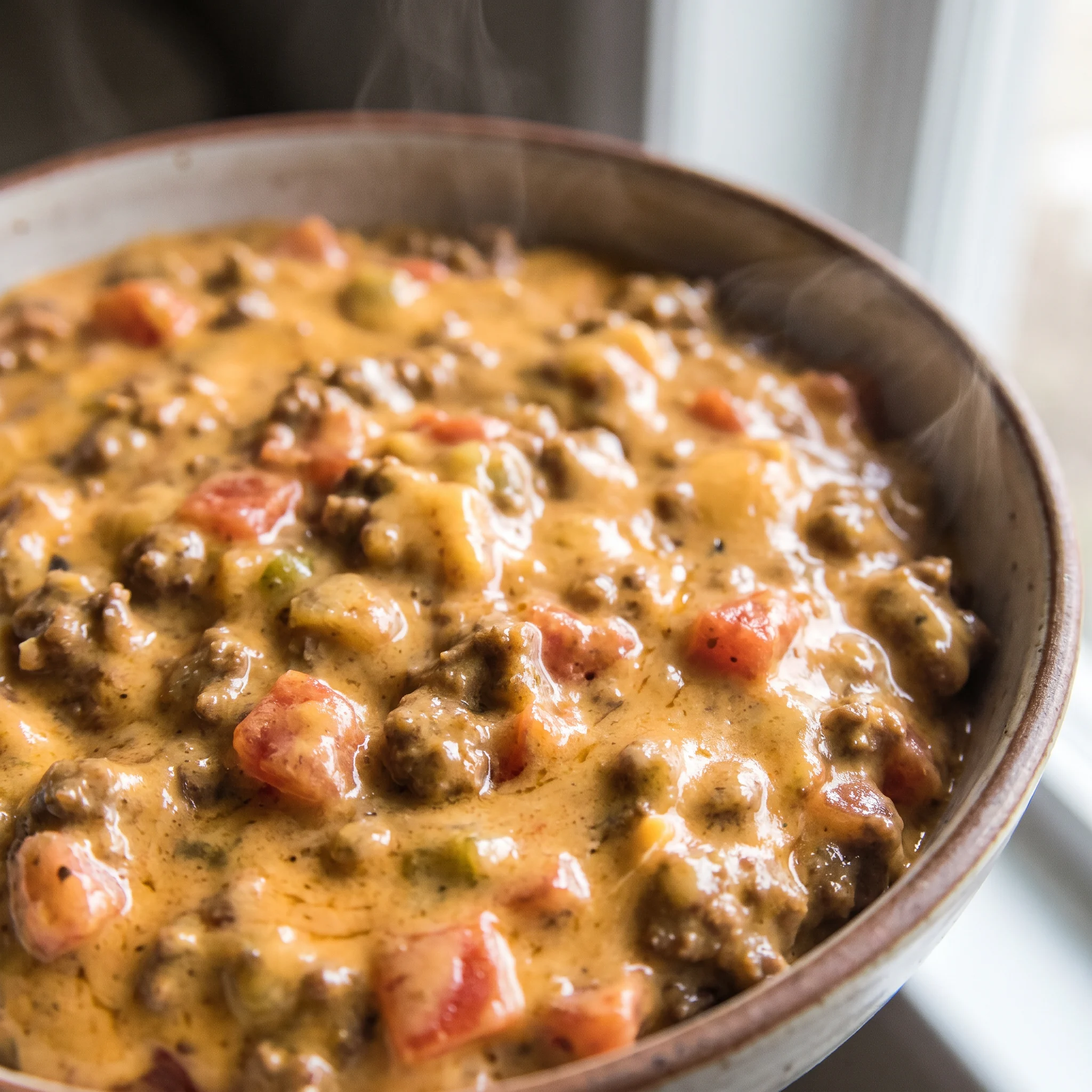 Taco cheese dip with melted Velveeta, crumbled ground beef, and diced tomatoes with green chiles.