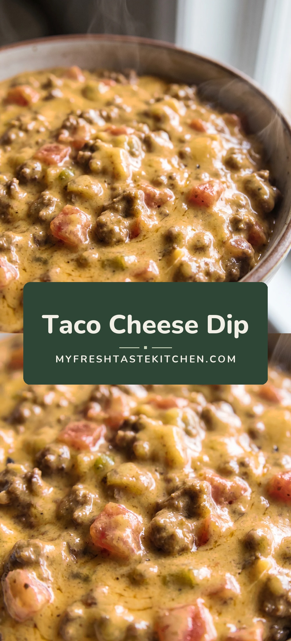 Melted orange Velveeta cheese dip with crumbled brown ground beef and diced red and green tomatoes with chiles, served with tortilla chips.