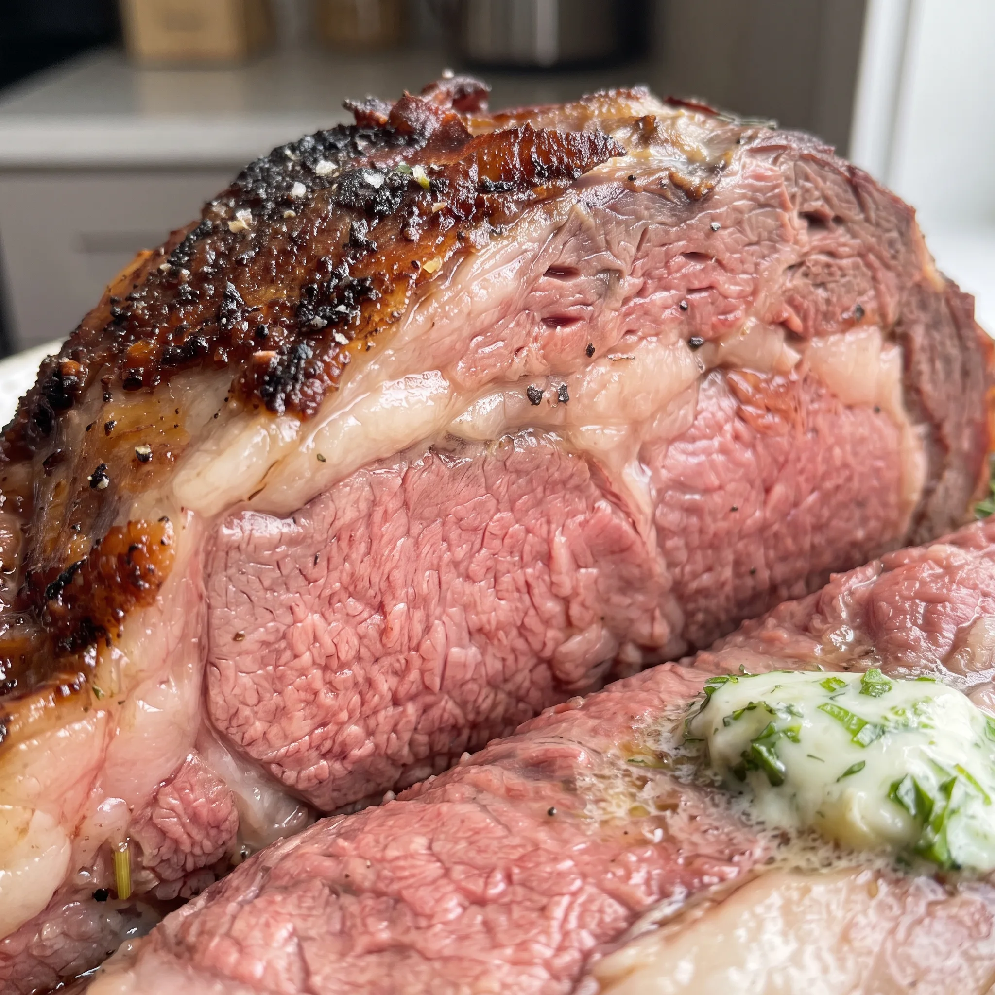 Rich pink slices of smoked prime rib edged with dark crust, glistening with melted herbed butter and green herb flecks.