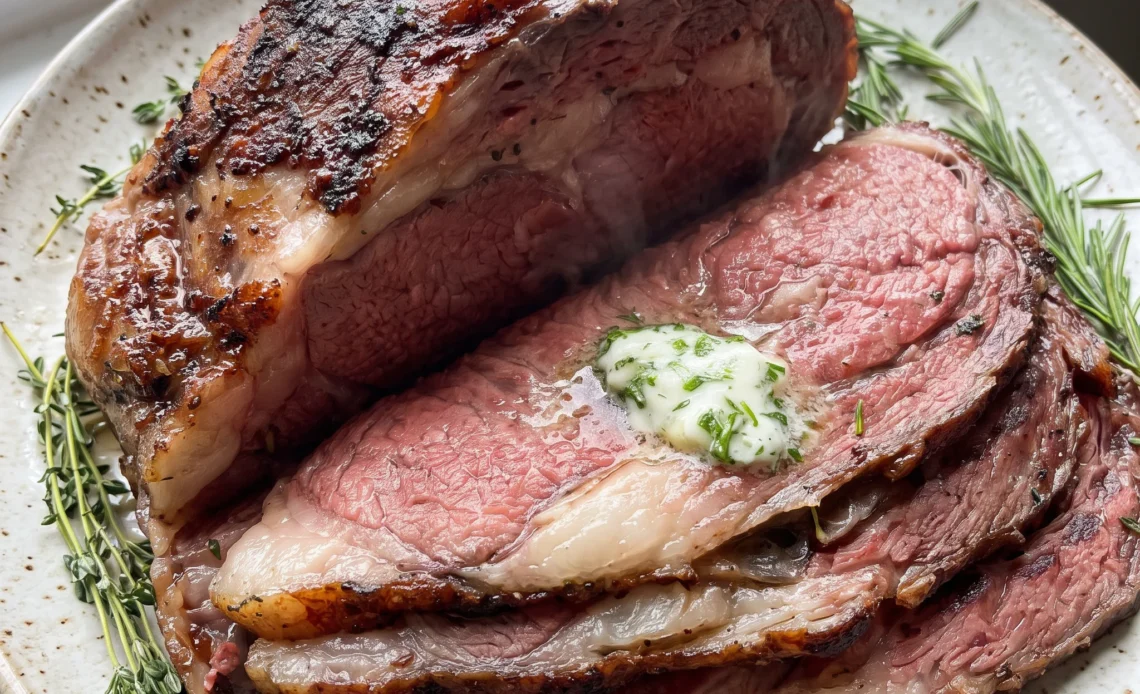 Smoked prime rib roast with a dark crust, sliced to show pink interior, topped with herbed butter and fresh herbs.