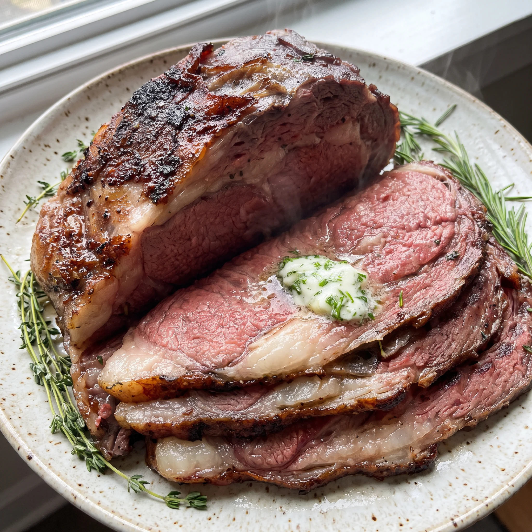 Smoked prime rib roast with a dark crust, sliced to show pink interior, topped with herbed butter and fresh herbs.