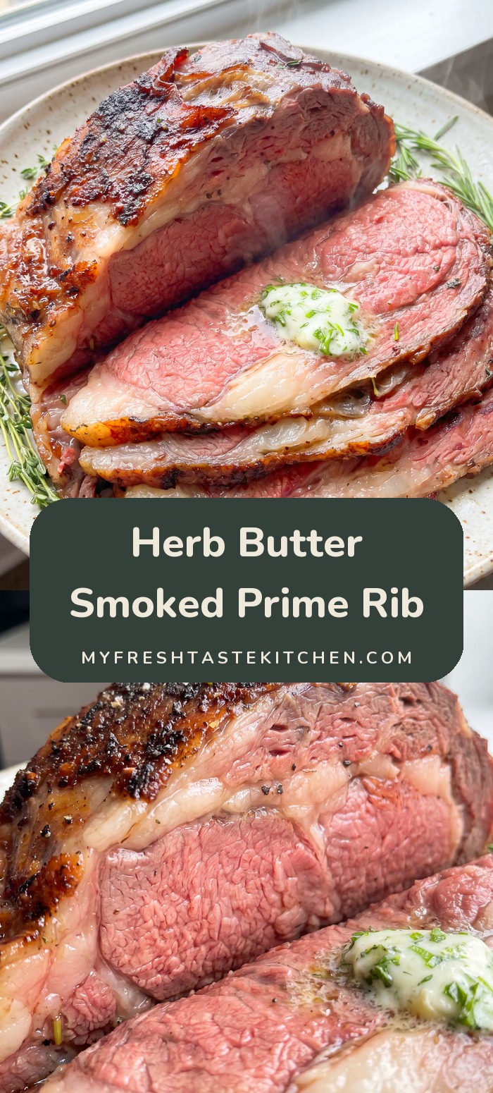 A smoked prime rib roast coated in herbed butter with chopped parsley, thyme, and rosemary, showing a dark crust and pink medium-rare interior.