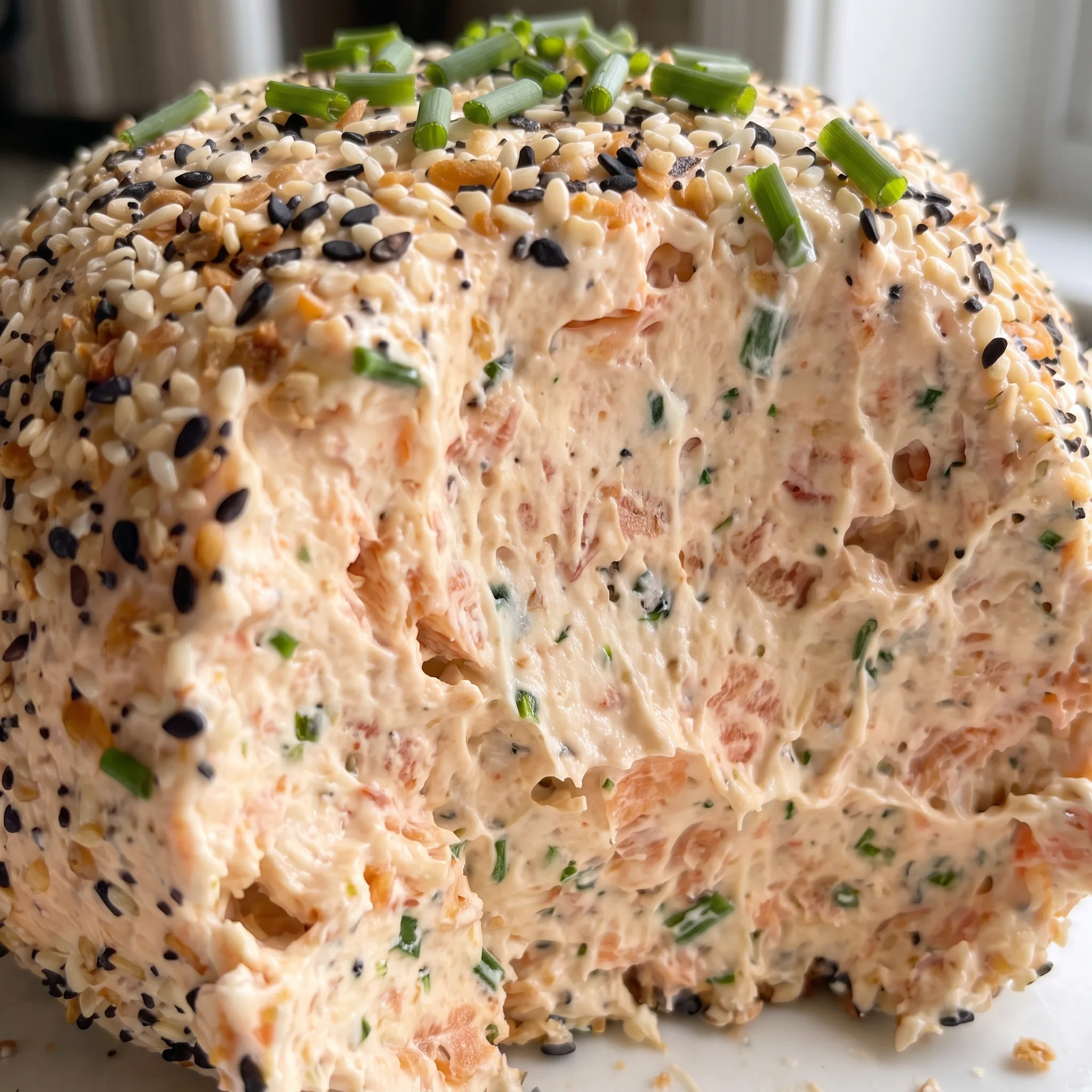 Creamy goat cheese and cream cheese ball with a speckled Everything Bagel Seasoning crust and green chive flecks.
