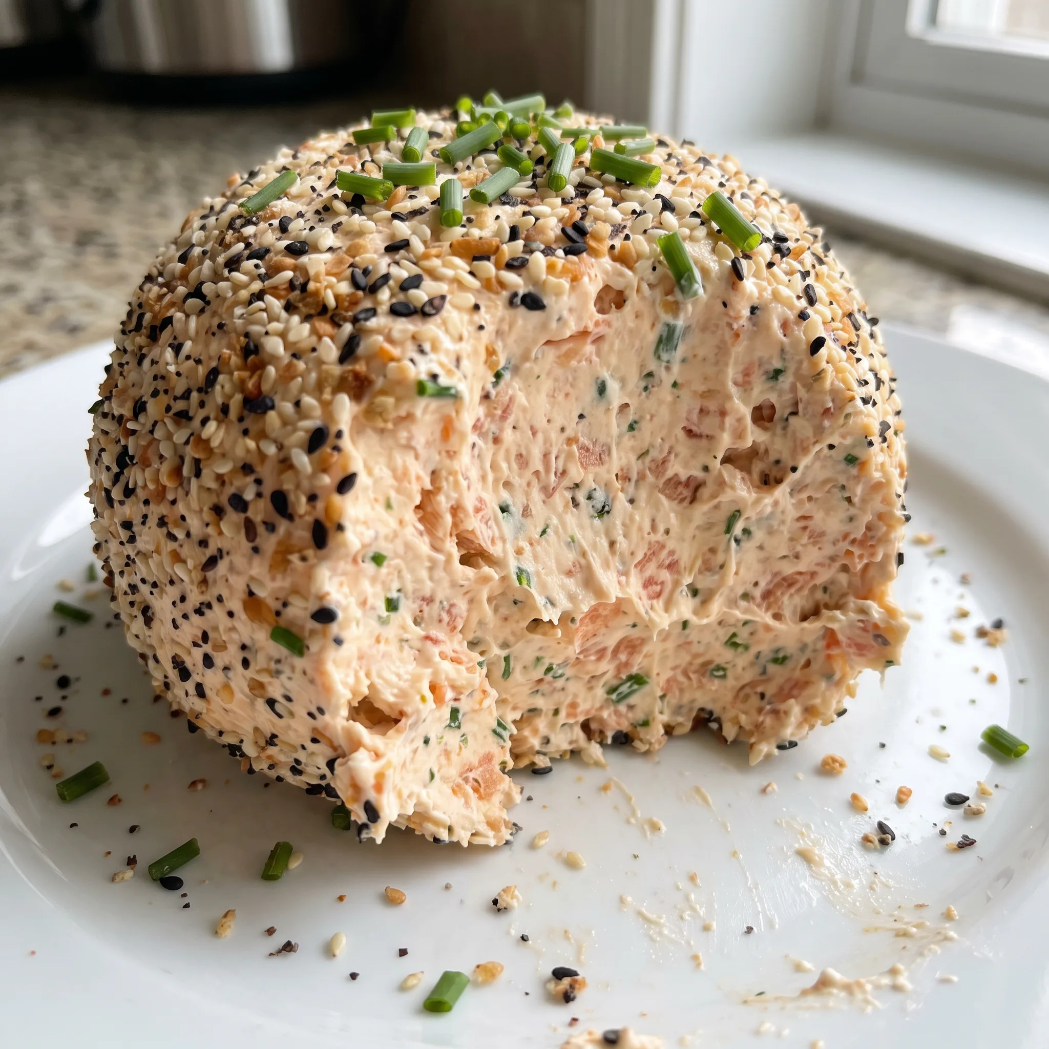 Smoked salmon cheese ball coated in Everything Bagel Seasoning, garnished with chopped chives and salmon pieces.