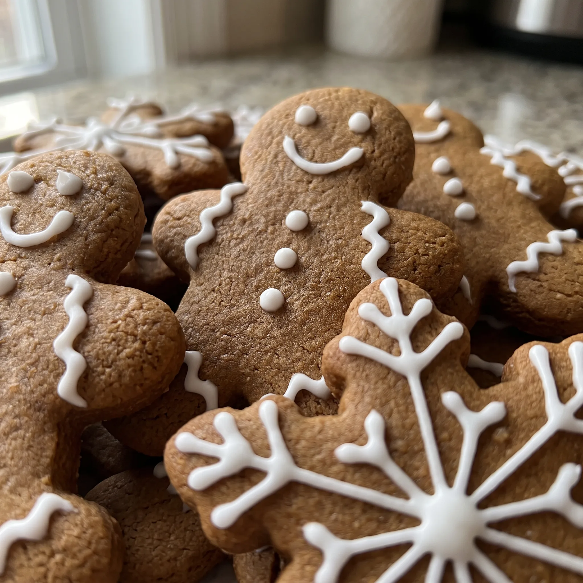 Chewy gingerbread cookie edges with deep brown molasses color and crisp white royal icing lines.