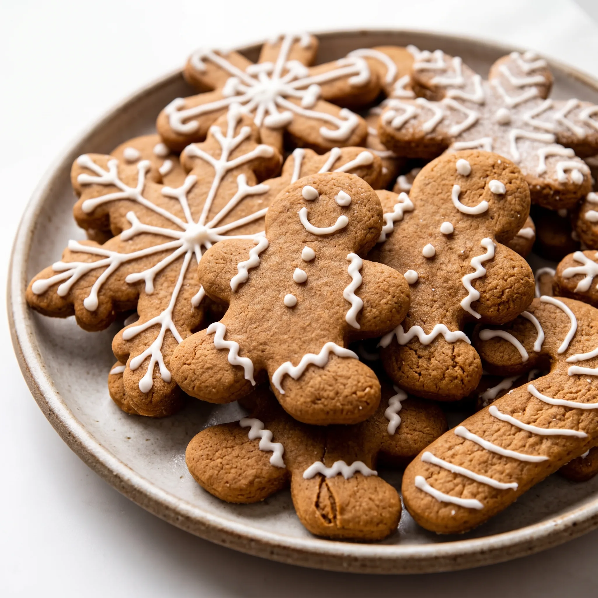 Gingerbread men cookies with dark brown molasses and spice bodies, decorated with white royal icing details.