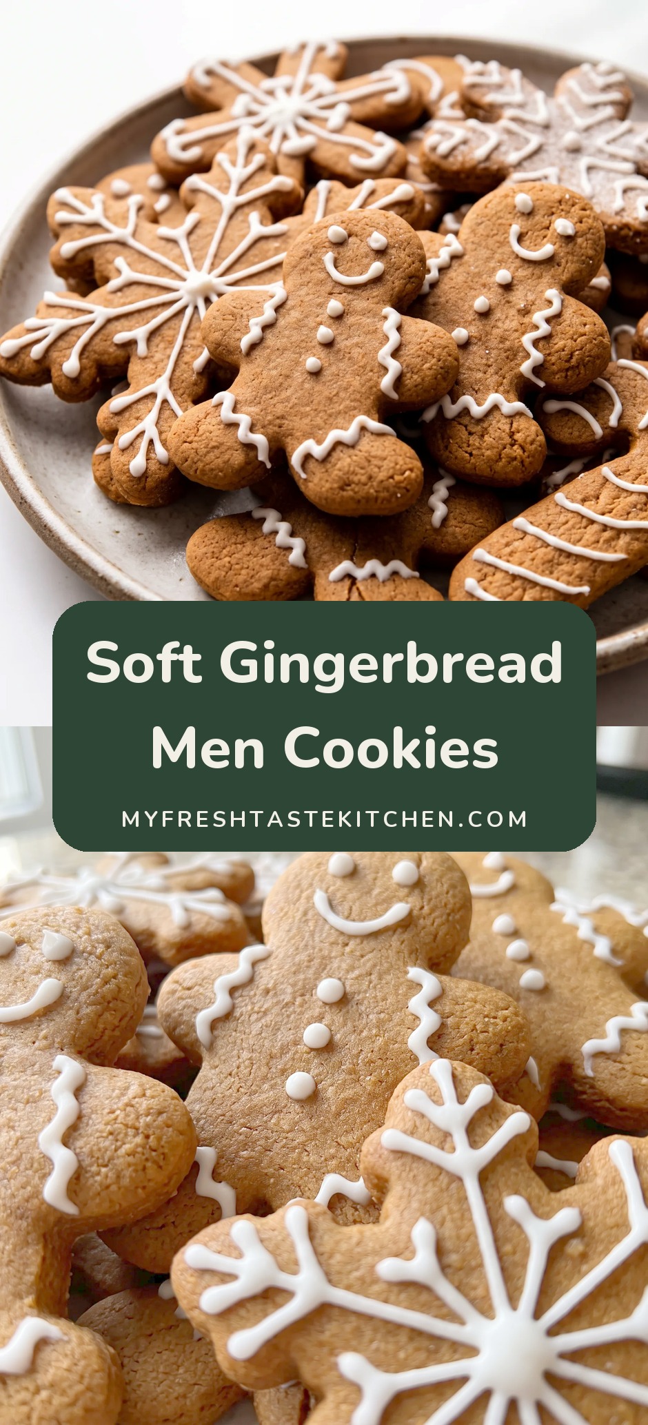 Plate of gingerbread men and snowflake cookies decorated with white icing.