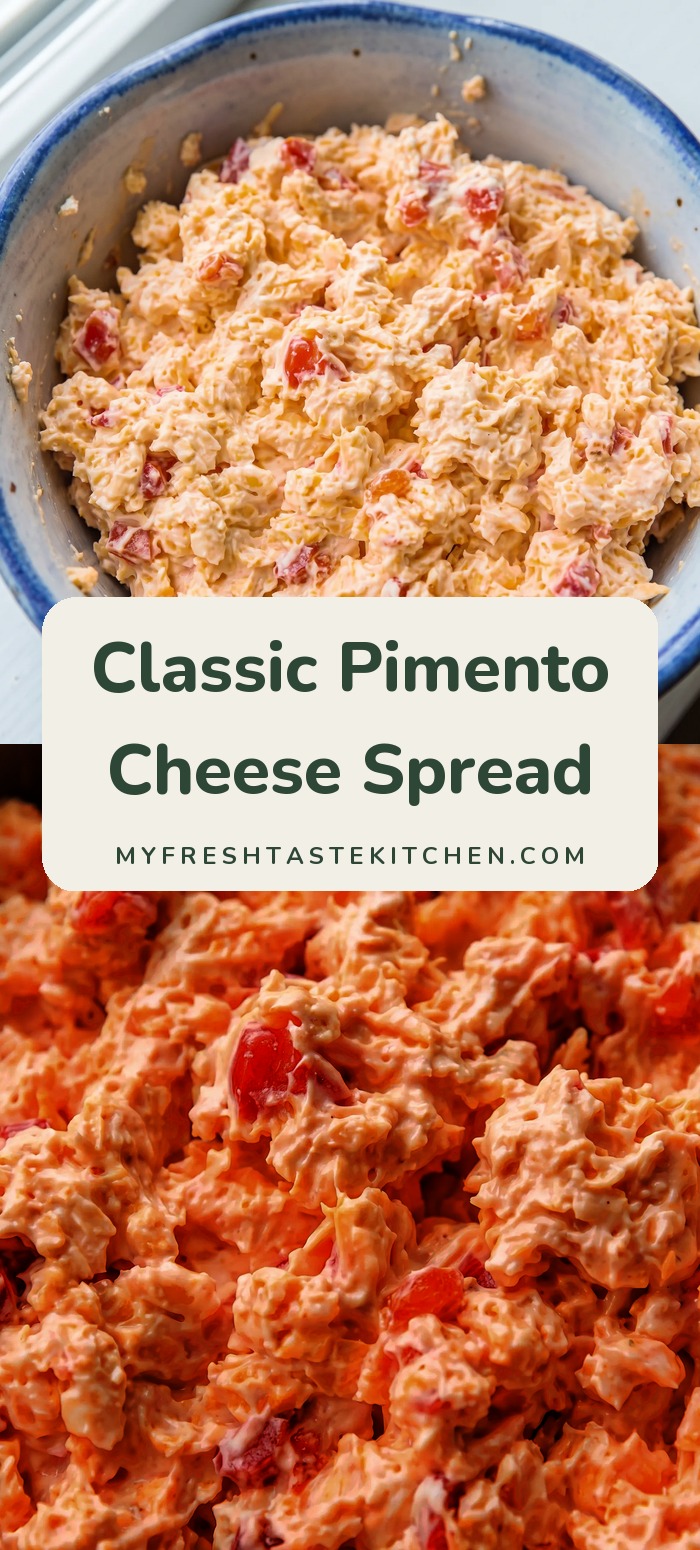 Bowl of orange pimento cheese with red pimento pieces.