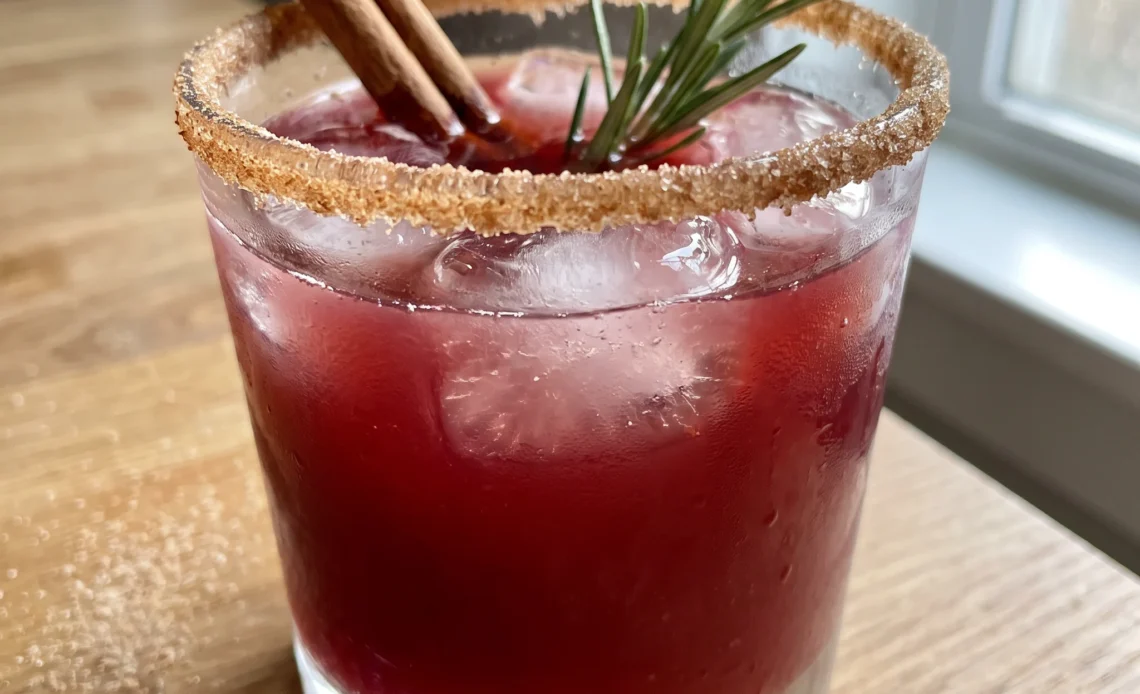 Spiced Christmas margarita in a glass with deep red pomegranate juice, clear tequila, orange liqueur, a cinnamon stick, and a rosemary sprig.