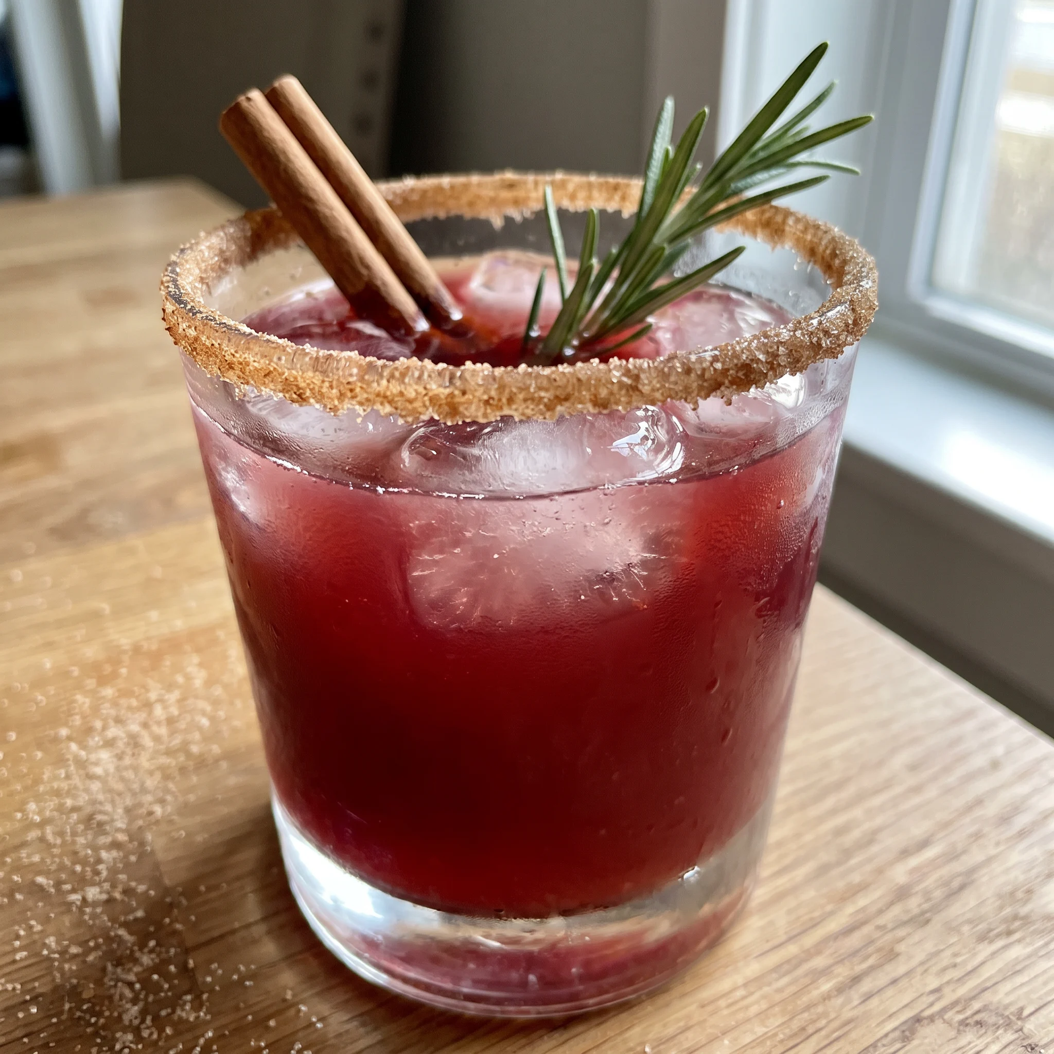 Spiced Christmas margarita in a glass with deep red pomegranate juice, clear tequila, orange liqueur, a cinnamon stick, and a rosemary sprig.