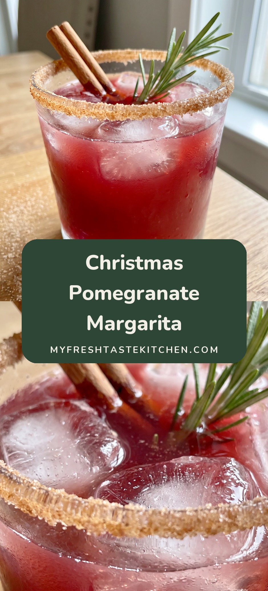 A red pomegranate margarita with a cinnamon sugar rim, garnished with a rosemary sprig and cinnamon stick.