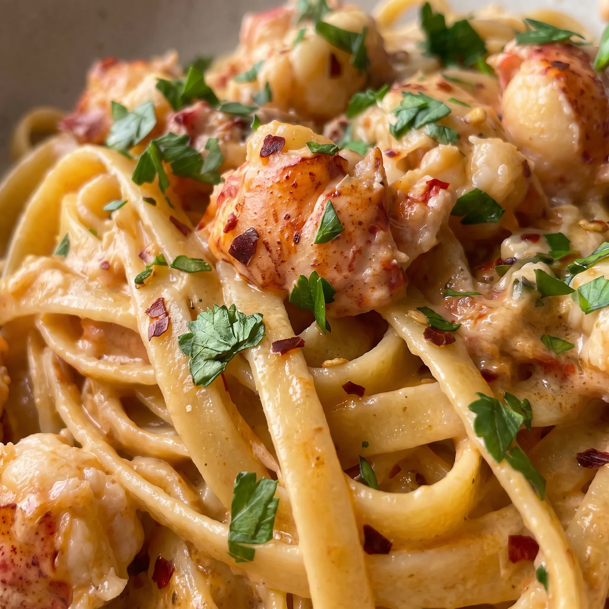 Glossy cream sauce coating fettuccine strands, with flecks of red pepper, Parmesan, and chopped parsley.