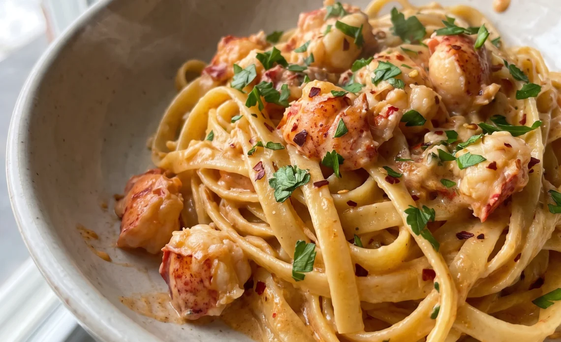 Creamy spicy lobster pasta with fettuccine, chunks of lobster, red pepper flakes, and parsley in a cream sauce.