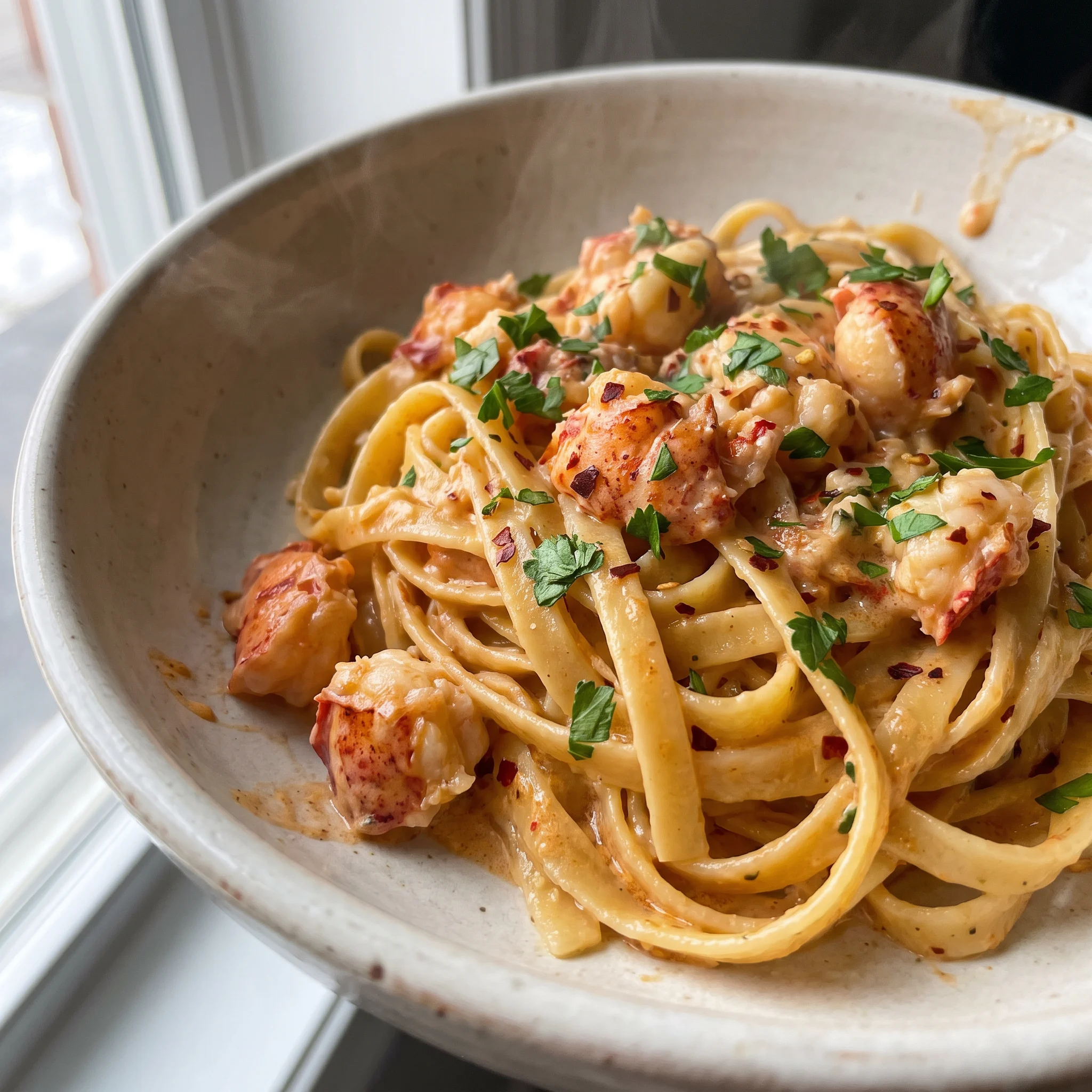 Creamy spicy lobster pasta with fettuccine, chunks of lobster, red pepper flakes, and parsley in a cream sauce.