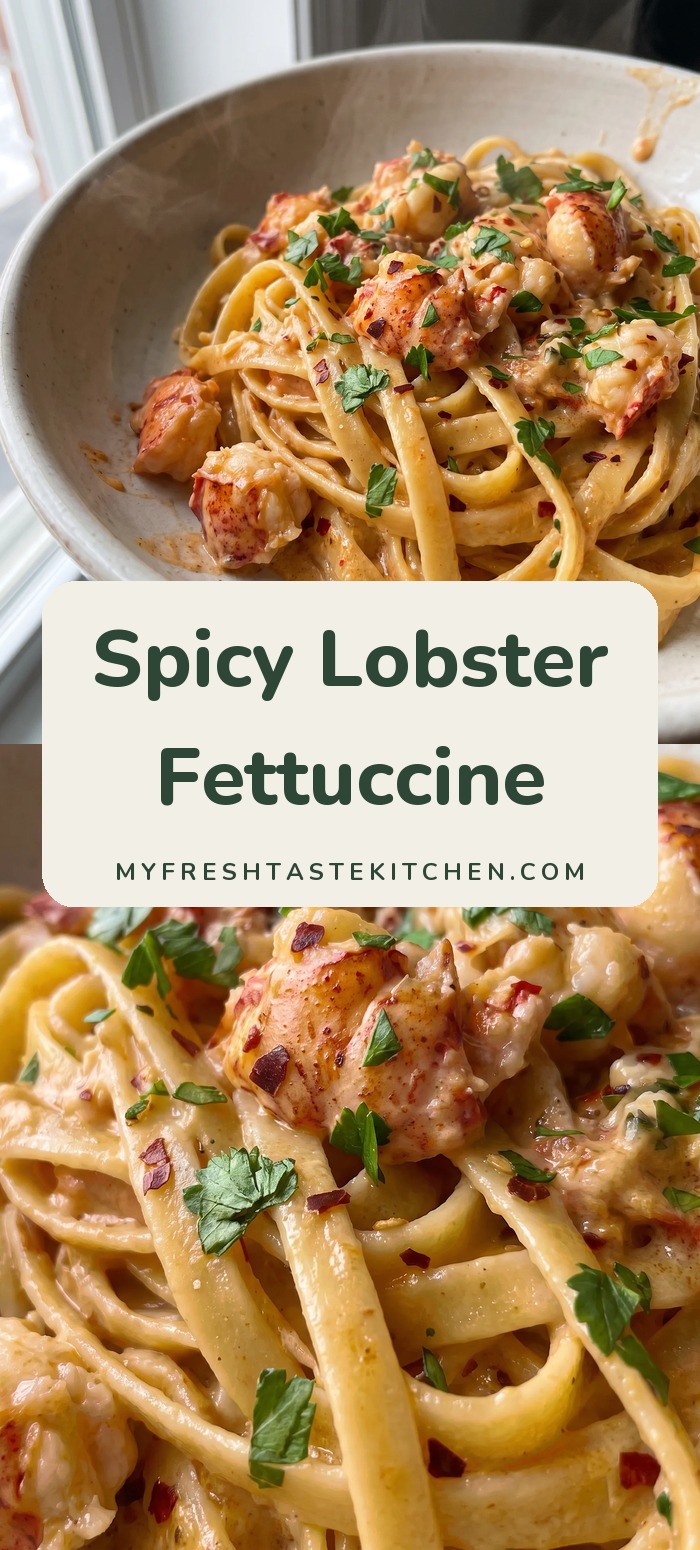 Fettuccine coated in creamy Parmesan sauce with chunks of lobster, red pepper flakes, and chopped parsley.