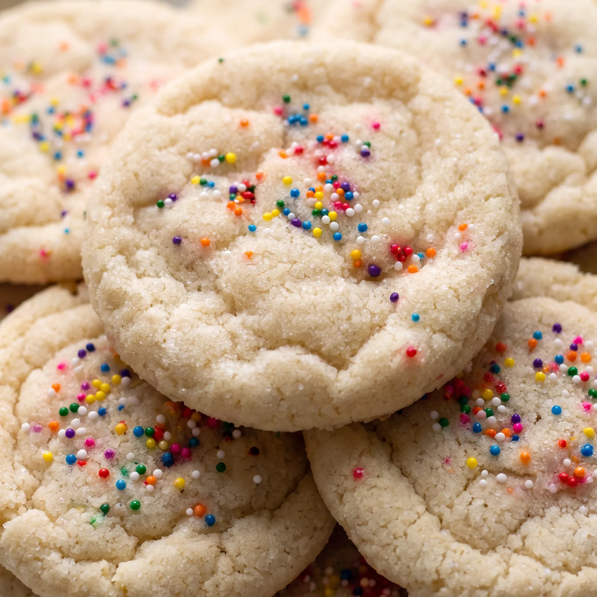 Golden cookie edges with a soft buttery center dotted with colorful rainbow sprinkles.