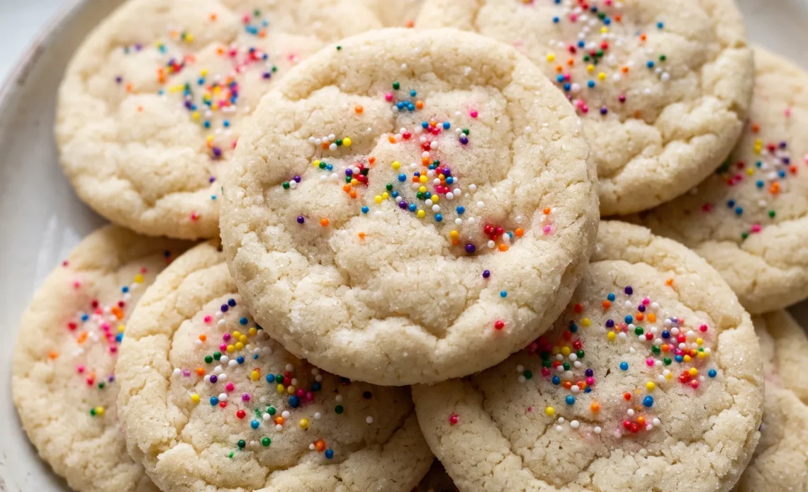 Round sugar cookies topped with rainbow sprinkles in red, orange, yellow, green, and blue.