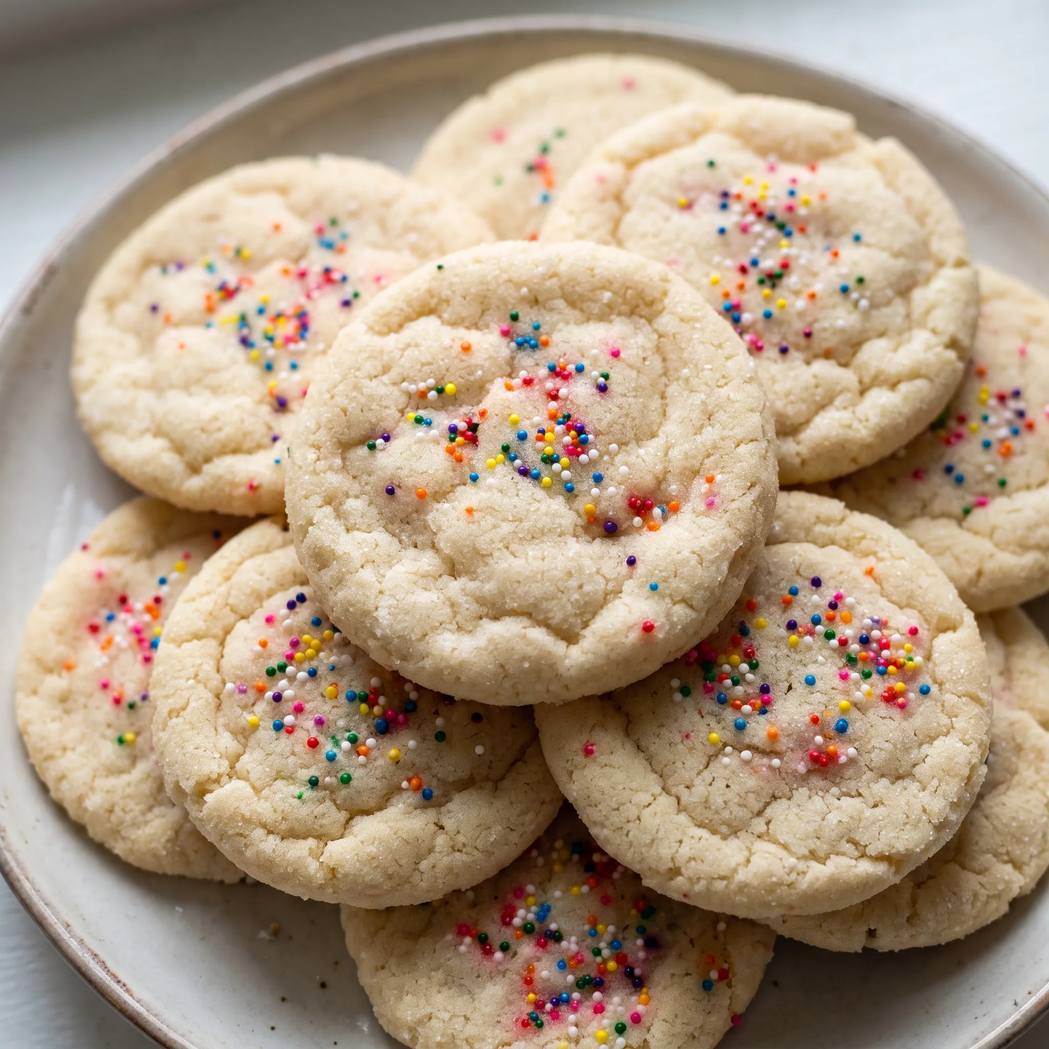 Round sugar cookies topped with rainbow sprinkles in red, orange, yellow, green, and blue.