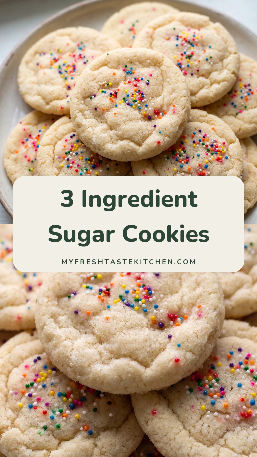Round golden sugar cookies studded with rainbow sprinkles, buttery and slightly crackled on top.