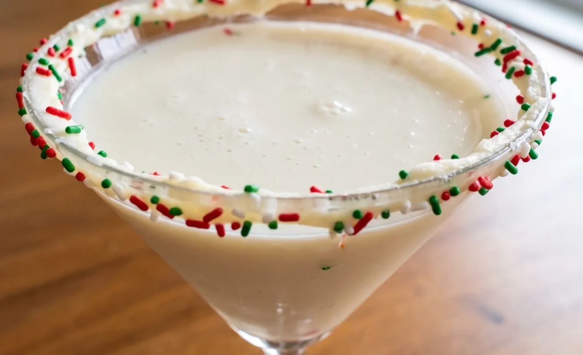 Sugar cookie martini with vanilla frosting rim, rainbow sprinkles, and creamy vanilla vodka, Irish cream, and amaretto blend.