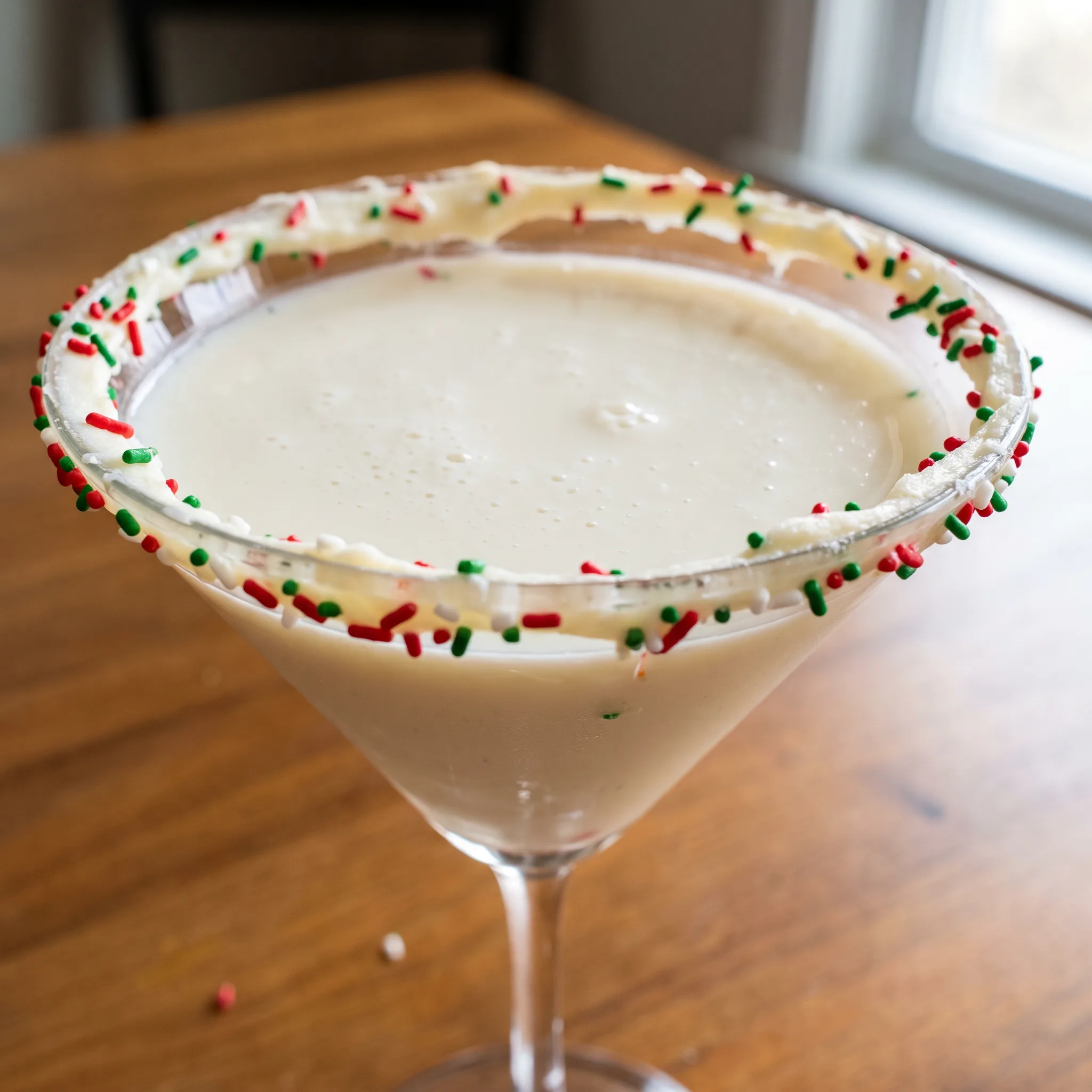 Sugar cookie martini with vanilla frosting rim, rainbow sprinkles, and creamy vanilla vodka, Irish cream, and amaretto blend.
