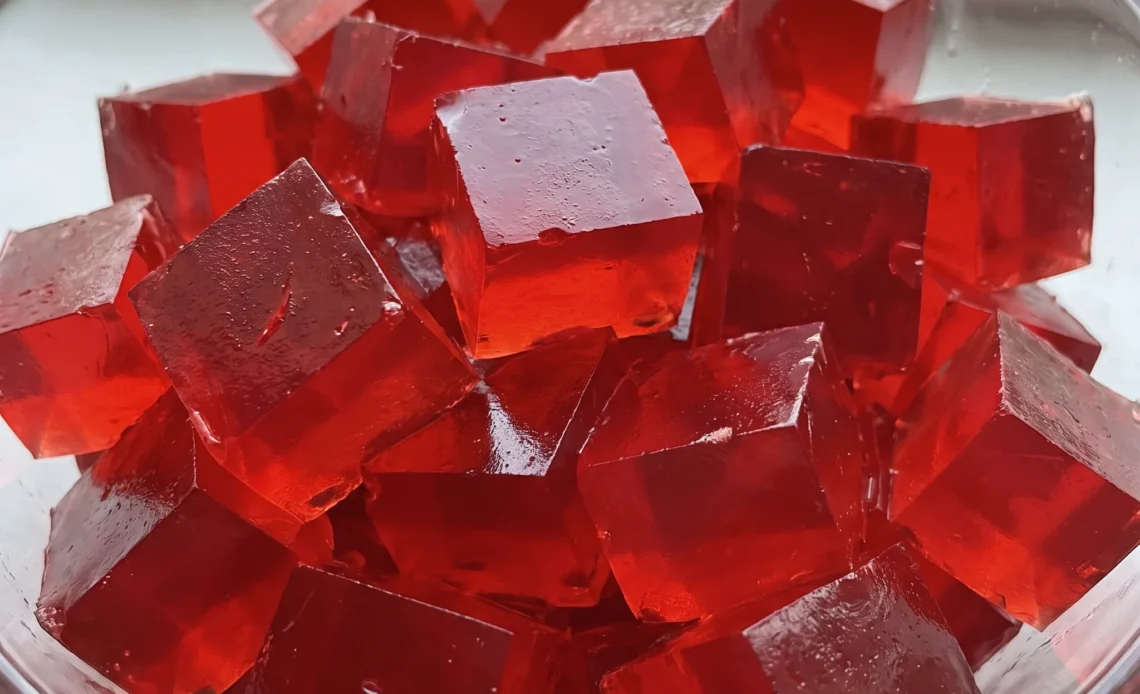 Sugar-free protein gelatin cups: firm translucent red cubes with a smooth, glossy surface.