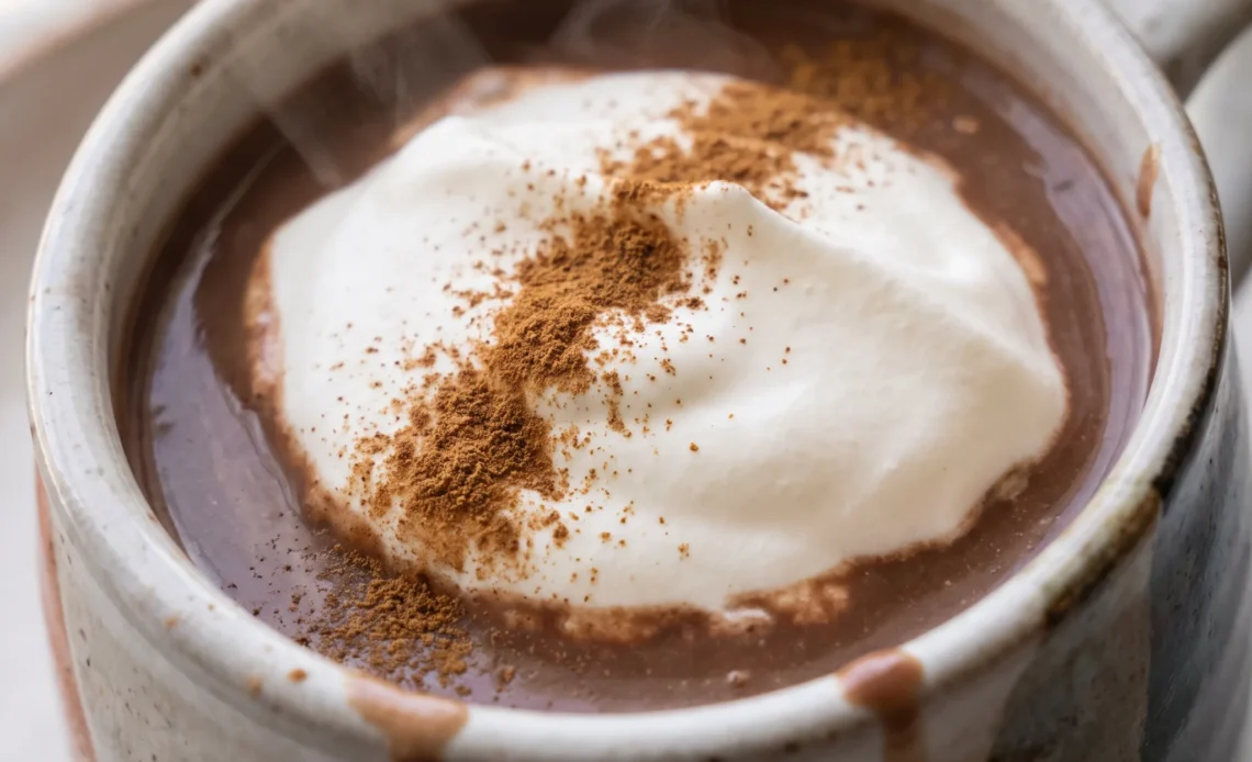 Thick creamy hot chocolate topped with whipped cream, chocolate chips, and a dusting of cinnamon.