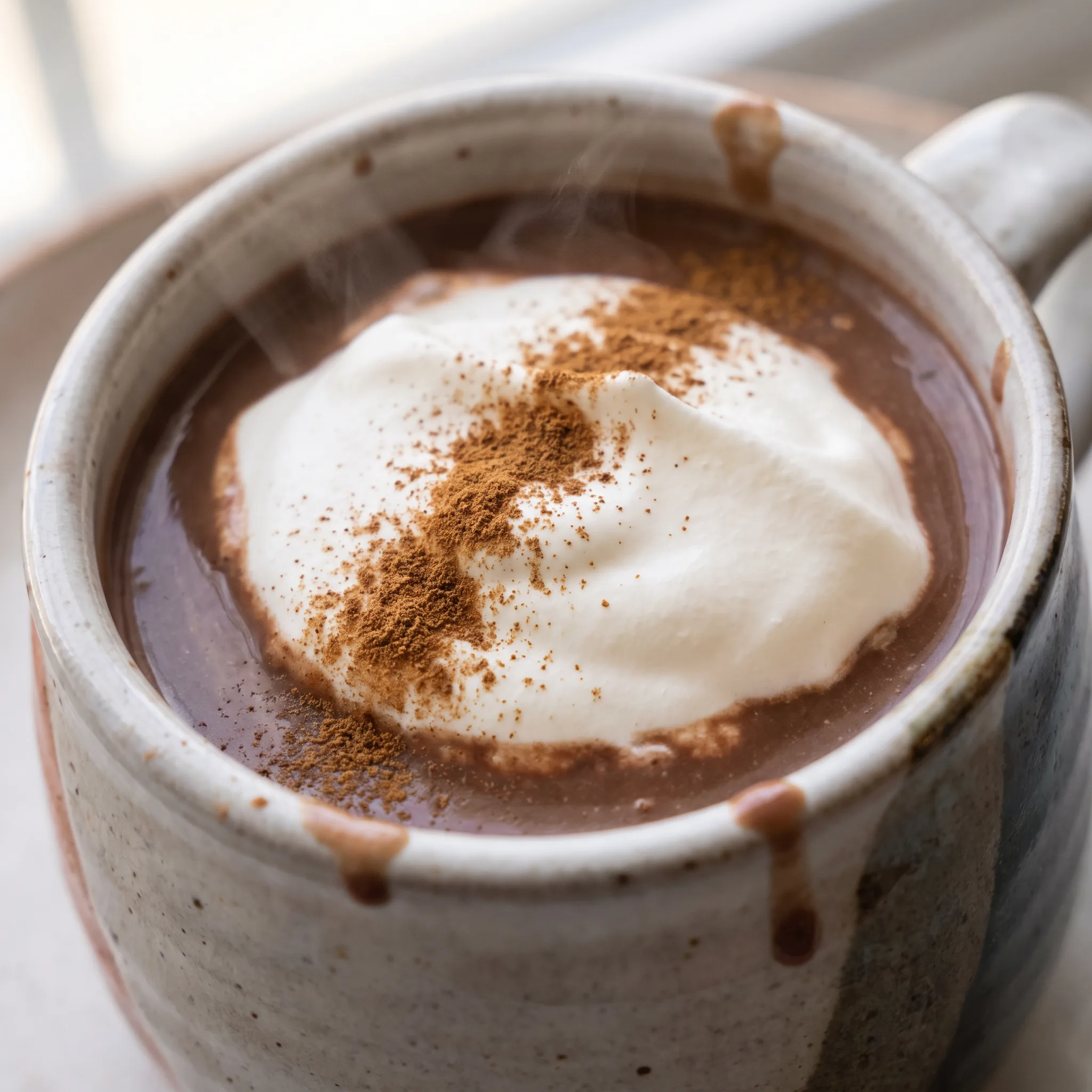 Thick creamy hot chocolate topped with whipped cream, chocolate chips, and a dusting of cinnamon.