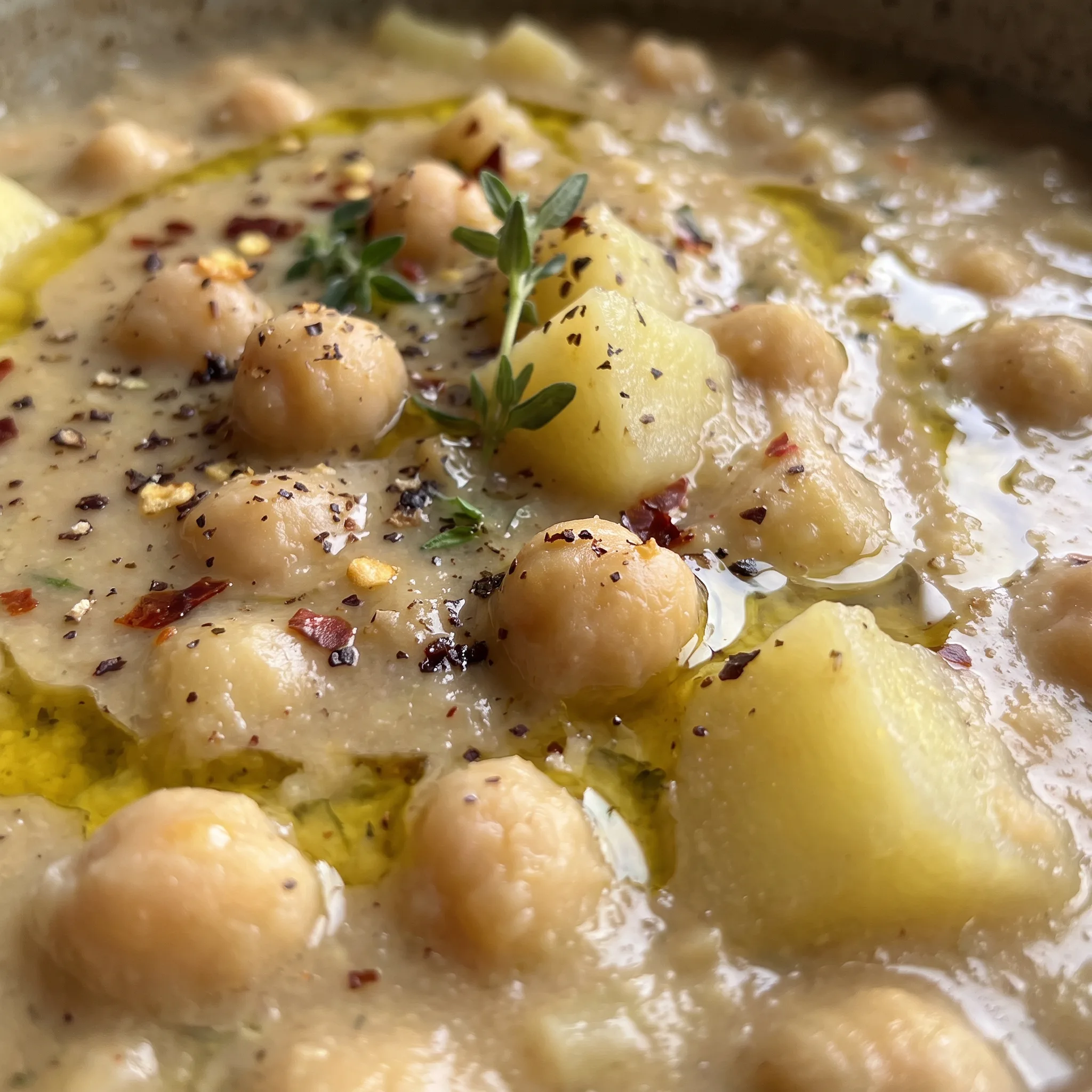 Creamy golden soup with soft chickpeas, tender potato chunks, and flecks of minced garlic.