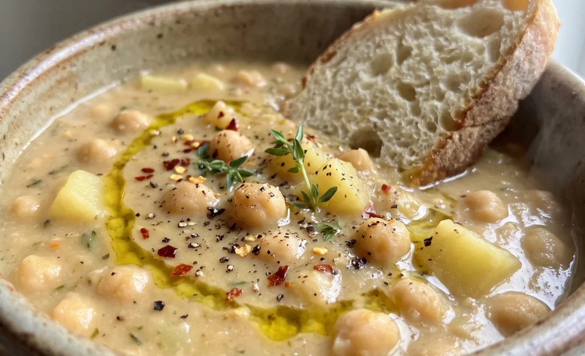 Vegan garlic chickpea soup with whole chickpeas, cubed potato, and minced garlic in a thick golden broth.