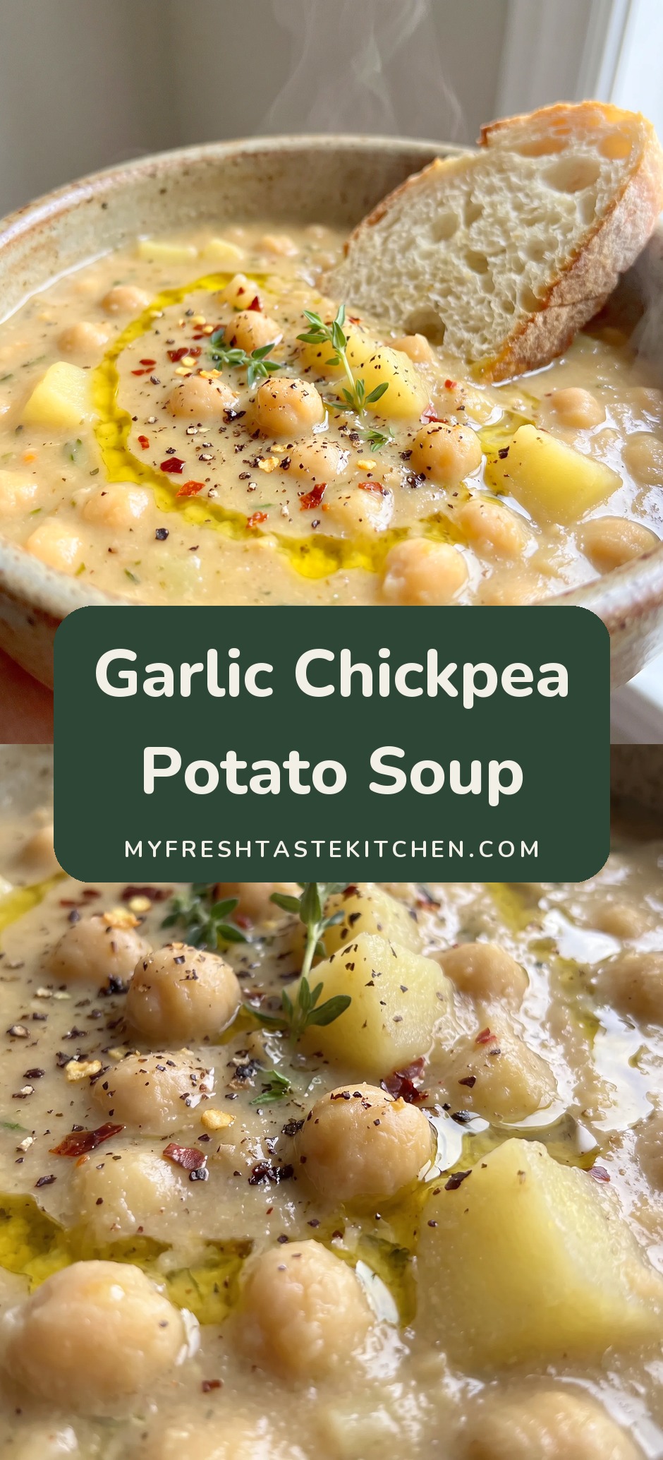 Bowl of chickpea and potato soup with olive oil, chili flakes and thyme, bread on the side.