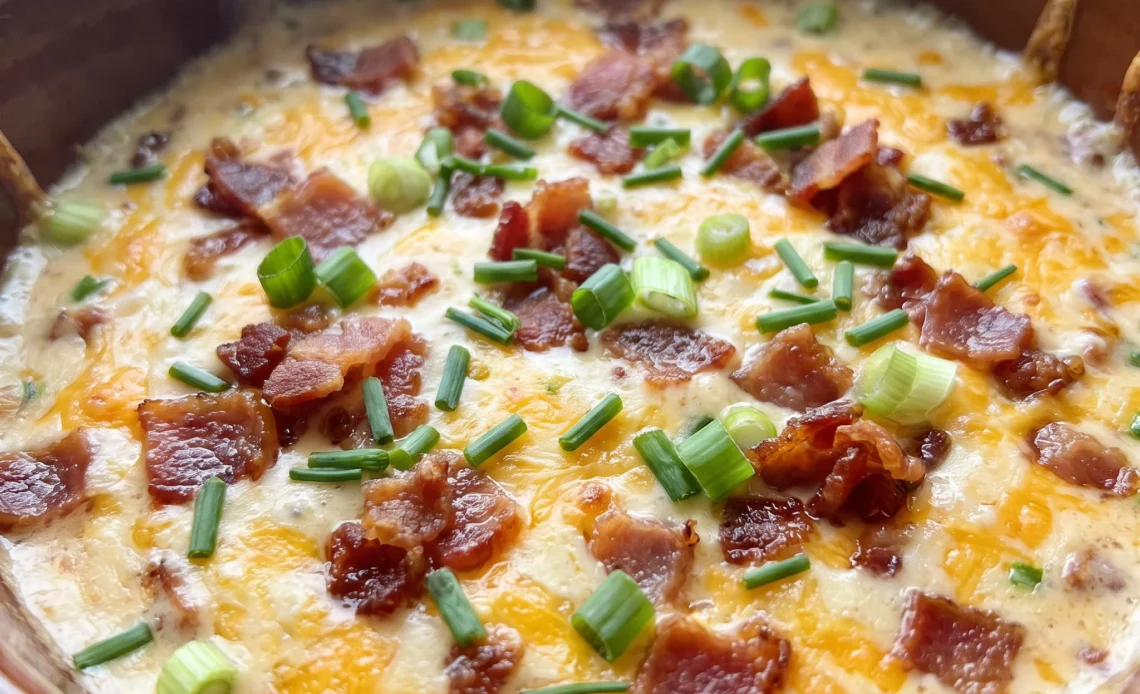 Warm bacon cheese dip with melted cheddar and cream cheese, topped with crisp bacon pieces.