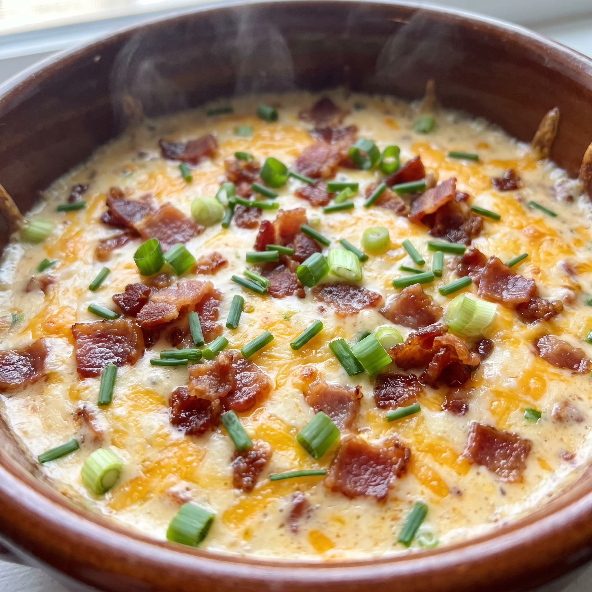 Warm bacon cheese dip with melted cheddar and cream cheese, topped with crisp bacon pieces.