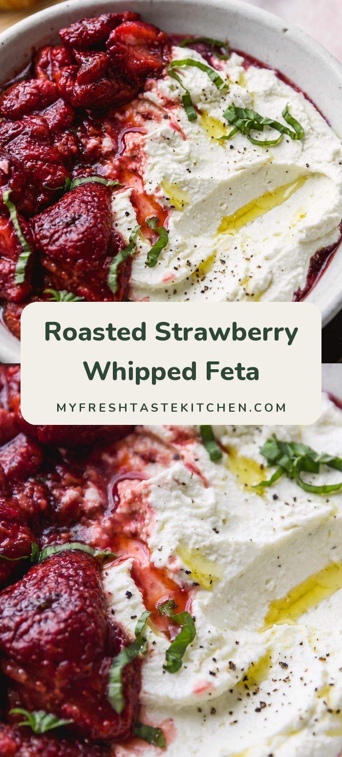 Bowl of whipped feta topped with dark red roasted strawberries, basil, olive oil and black pepper.