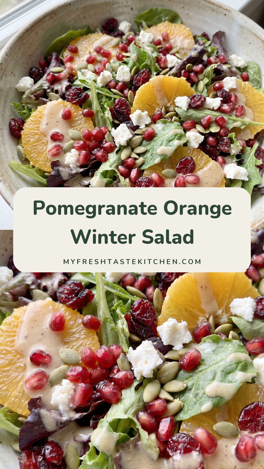 Mixed greens tossed with pomegranate arils, dried cranberries, orange slices, crumbled feta, and green pepitas in a maple vinaigrette.